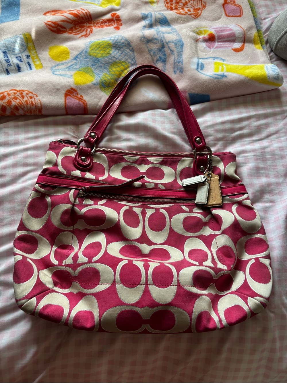 Coach Pink and Ivory Signature Canvas Tote with Leather Trim